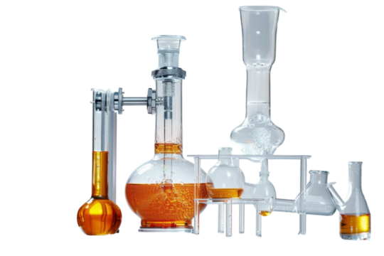 Creative laboratory setup showcasing an array of glassware and vibrant orange liquids used for scientific experiments isolated on transparent background