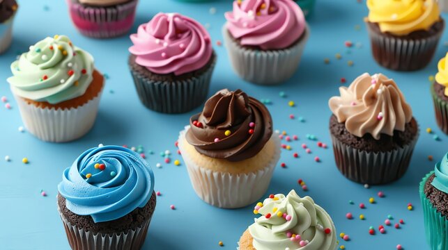A variety of colorful cupcakes on a blue background. - Powered by Adobe