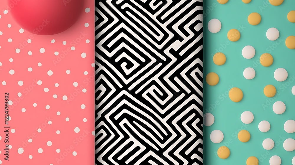Poster abstract composition of colorful patterns and textures with playful dots and intricate line design f