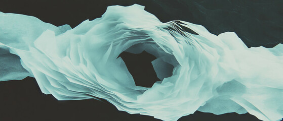 Distorted paper overlay with glitch effects on a black background creating a unique focal point