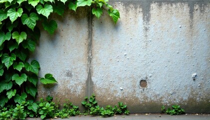 Textured concrete wall with vines growing on it, rugged, stone