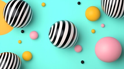 Obraz premium Abstract Design with Colorful 3D Spheres and Striped Patterns on a Vibrant Turquoise Background