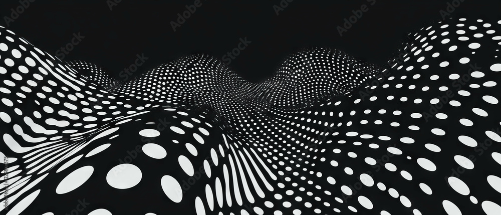 Poster exploring a textured landscape of shifting black and white dot formations on a dark backdrop