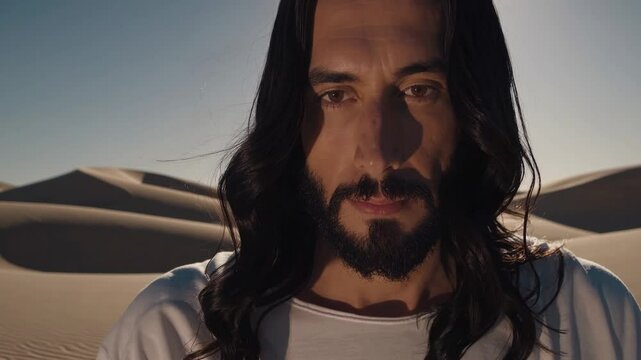 Jesus, a prophet and central figure of Christianity, stands in a desert landscape, his serene gaze meeting the camera against a backdrop of rolling sand dunes and clear sky