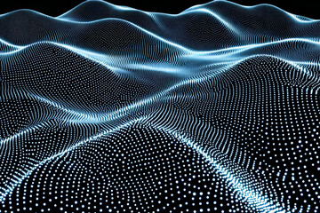 Naklejka premium Abstract 3D landscape forms undulating waves of glowing particles in a dark background.