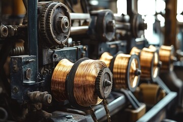 Copper wire is being wound onto spools by a vintage industrial machine in a factory, showcasing the manufacturing process of electrical wiring