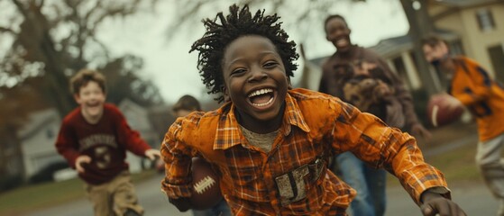 Young boy runs with football while other children laugh and play in a neighborhood street