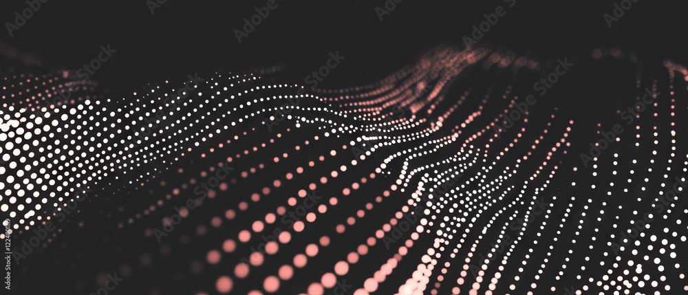 Poster Dot texture with gradient effect creating dynamic visual waves against a black background