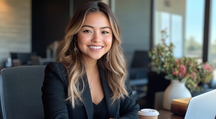Confident Young Professional Smiling at Her Desk in a Modern Office Environment with a Laptop and Coffee, Exuding Positivity and Professionalism
