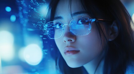 Multiple exposure of a young woman using augmented reality glasses, overlaying holographic AI data projections.