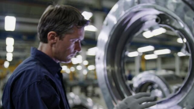 Experienced aerospace engineer meticulously examining a circular metal component of a rocket, ensuring its quality and precision within a bustling factory environment