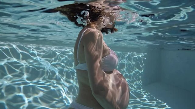 Underwater tranquility embraces a pregnant woman, gracefully floating in a sunlit swimming pool, her serene expression reflecting a moment of peaceful connection with her unborn child