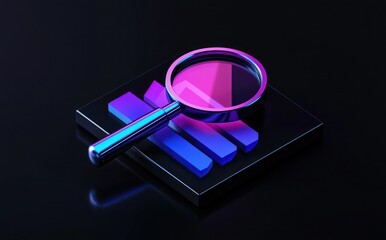 3D magnifying glass explores a graph, purple and blue tones.
