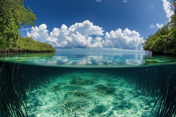 Obraz premium Panoramic view of a mangrove forest meeting a crystal-clear ocean, with fluffy clouds and turquoise reflections.