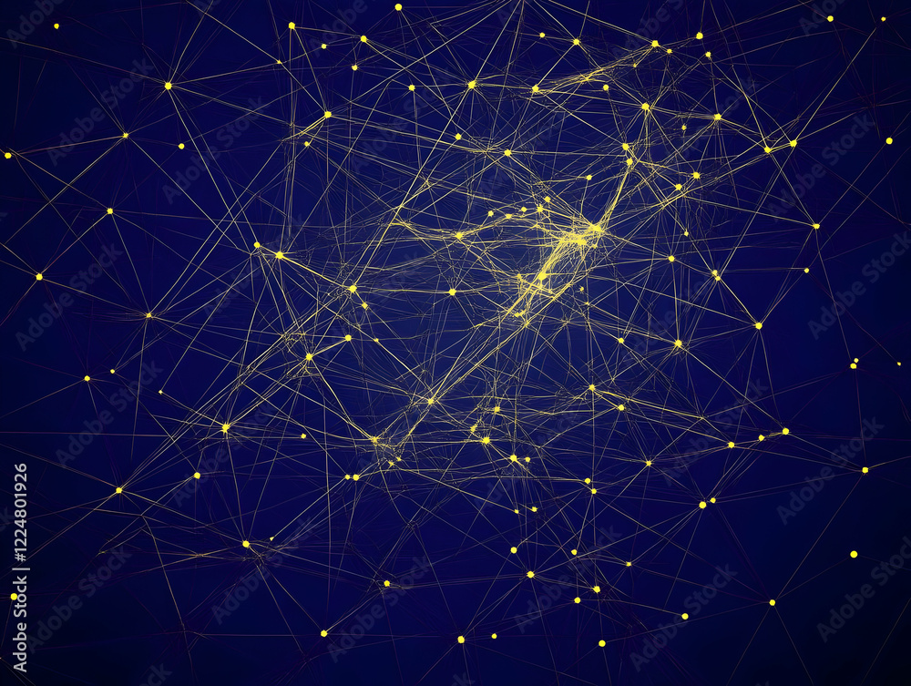 Wall mural abstract background shows network connections with yellow nodes and lines on dark blue.