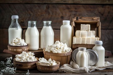 Dairy products on rustic wooden table. Assortment of most common fresh dairy products. Farmers...