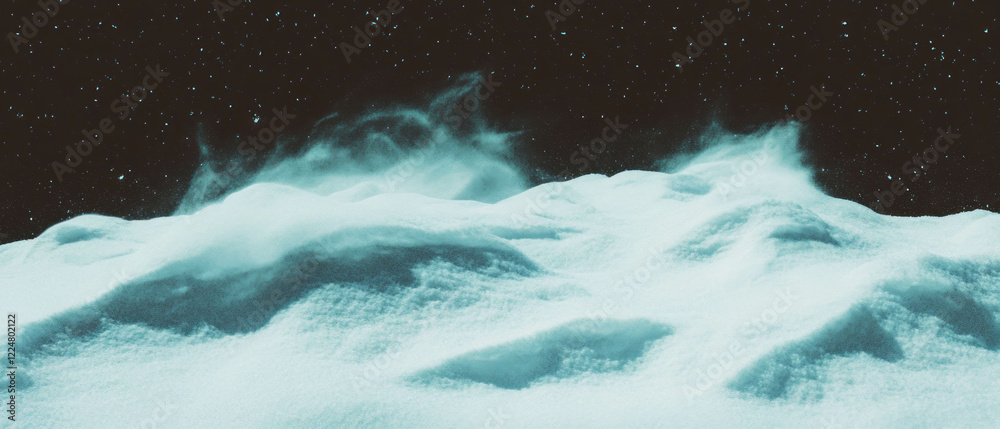 Poster drifting snow creates windblown patterns with swirling motion against a dark background