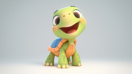 Fototapeta premium 3D Green Turtle on Light Grey Backdrop, Illustration for Kids