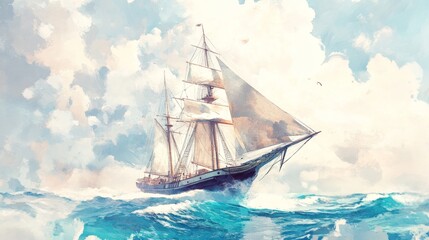 Sailing ship on ocean waves, classic sailing ship with tall masts, elegant sailing ship navigating the sea under a cloudy sky. Vintage landscape drawing illustration painting.
