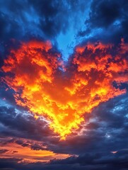Fototapeta premium Fiery heart shaped cloud formation against a dark blue sky at sunset creating a dramatic scene