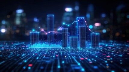 Fototapeta premium View of stock market expansion, business investment, and data analysis concept featuring digital financial charts, graphs, and indicators against a dark blue blurred background