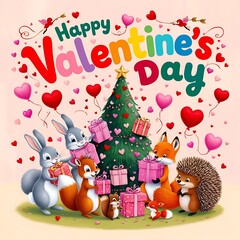 Obraz premium Happy Valentine's Day Woodland Animals Celebrating with Gifts and Love