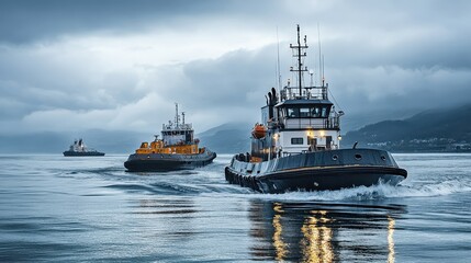 Fototapeta premium Three tugboats sail on a calm sea under a cloudy sky. Illustrates maritime transport, power, and teamwork in challenging conditions.