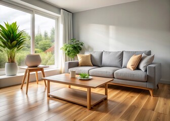 Fototapeta premium Minimalist Gray Sofa Living Room Long Exposure Stock Photo - Wooden Accents & Soft Light