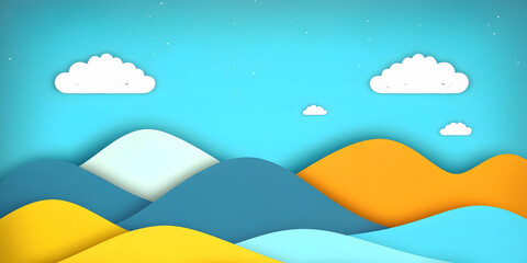 Whimsical Paper Cutout Landscape Shows Colorful Rolling Hills and Smiling Clouds Under a Bright Blue Sky