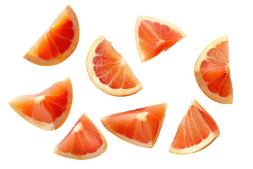 Bright and refreshing slices of grapefruit arranged artistically on a white background, showcasing vibrant colors and textures isolated on transparent background