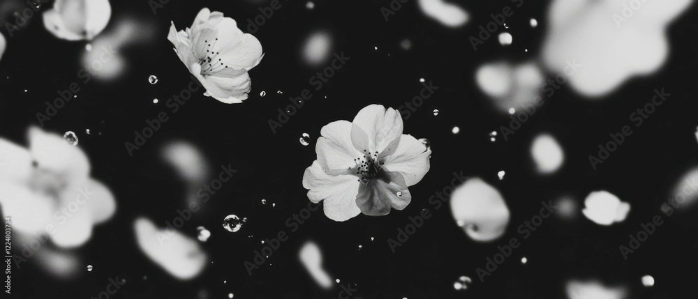 Aufkleber falling cherry blossoms create an enchanting black background effect with gentle cascades