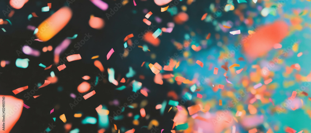 Poster vibrant confetti pouring through a dark background with dynamic motion effects