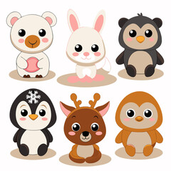Fototapeta premium Adorable cartoon animals polar bear, bunny, penguin, reindeer, owl, panda.