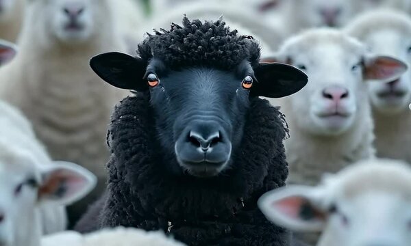 pecora nera in mezzo a un gregge di pecore bianche, leader - Concetto di distinguersi dalla massa, di essere diverso e unico con una propria identit&agrave; e abilit&agrave; speciali