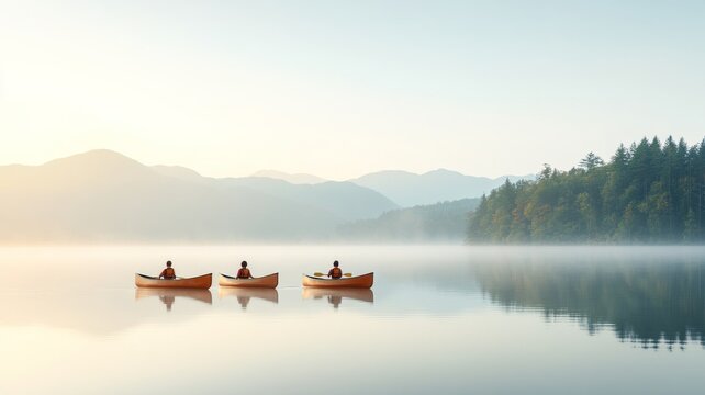 Boy Scouts paddling canoes across a calm, reflective lake, surrounded by lush forest and distant mountains - Powered by Adobe