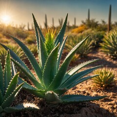 A vibrant flowering aloe vera plant under the bright afternoon sun.