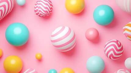 Colorful 3D Balls with Stripes and Solid Colors on a Pink Background for Seamless Design and Creative Projects