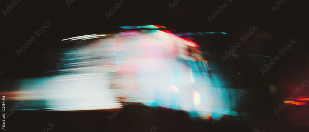 Poster dynamic film overlay with color aberrations and distortions on a dark background