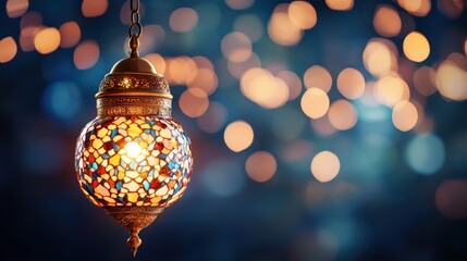 Fototapeta premium A Colorful Lantern Illuminates a Softly Lit Background with Multicolored Bokeh Effects, Creating a Warm and Inviting Atmosphere for Any Space or Occasion