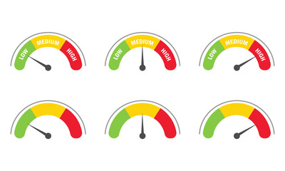 Speedometer gauge indicator set with low medium and high level from green to red color. Speedometer scale from green to red with arrow and text low, medium and high. Score meter. Vector illustration.