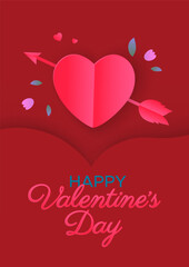 Valentine's day card design in paper style. Pink hearts with flowers red poster.