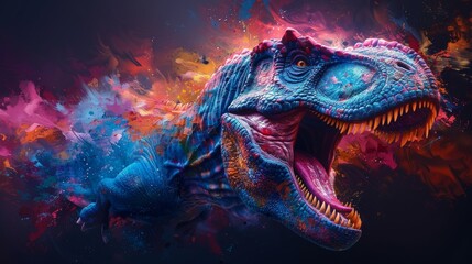 Abstract of Tyrannosaurus rex or T-rex dinosaur portrait in Cretaceous period with multi colored colorful on skin body paint, Vibrant bright gradients background