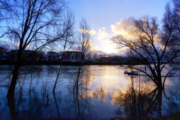 Fototapeta premium Seine river flood in Paris suburb. Ivry-sur-Seine city