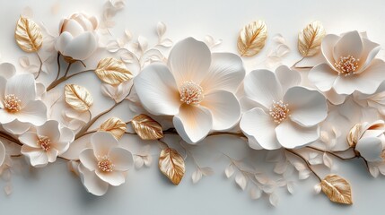 Elegant Seamless 3D Floral Design with White and Gold Flowers on Soft Background for Interior Decoration and Design Projects