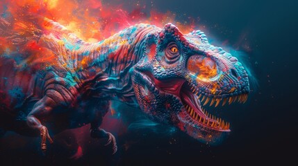 Abstract of Tyrannosaurus rex or T-rex dinosaur portrait in Cretaceous period with multi colored colorful on skin body paint, Vibrant bright gradients background