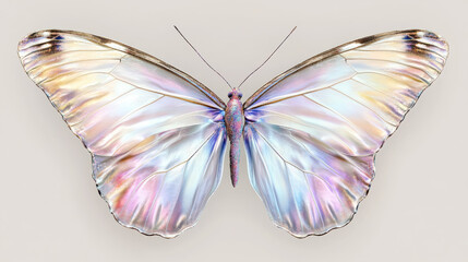 Fototapeta premium A butterfly with pearl-white wings, an iridescent sheen reflecting faint hints of pastel pink and blue, fine spark-like particles scattered gracefully