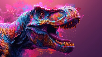 Abstract of Tyrannosaurus rex or T-rex dinosaur portrait in Cretaceous period with multi colored colorful on skin body paint, Vibrant bright gradients background