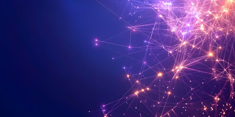 Abstract Background Shows Interconnected Network with Glowing Nodes and Lines on a Gradient Purple and Blue Background.