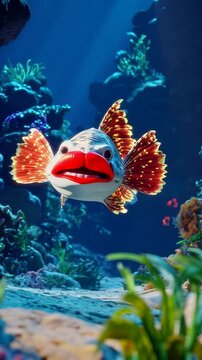Colorful red lipped batfish swimming through a vibrant coral reef, showcasing marine life