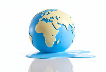 Fototapeta premium Globe in melted puddle on white background, global warming concept.